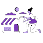 Ilustración de una mujer utilizando una regadera para alimentar y hacer crecer el edificio de su pequeña empresa.