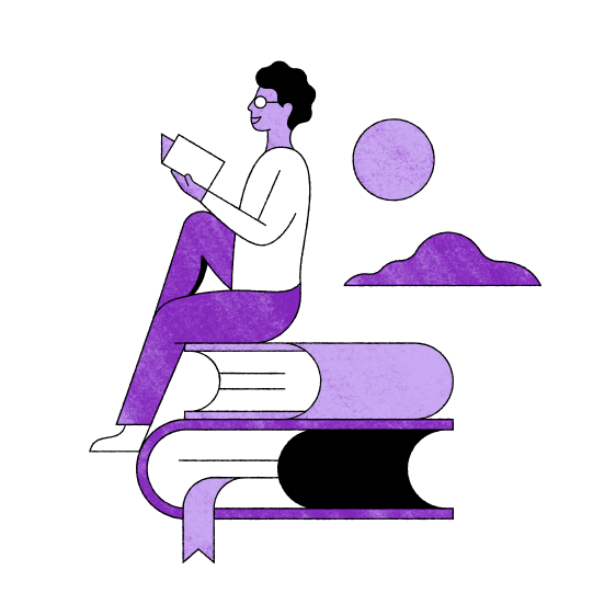 Illustration of a woman sitting on 2 books while reading.