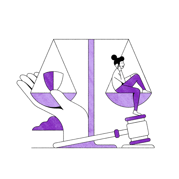 Illustration of the Scales of Justice with a woman sitting on one side. A judge's gavel is nearby.