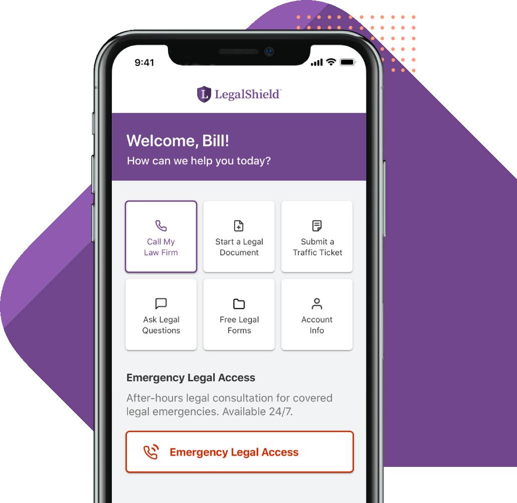 La aplicación móvil LegalShield que se muestra en la pantalla de un teléfono inteligente