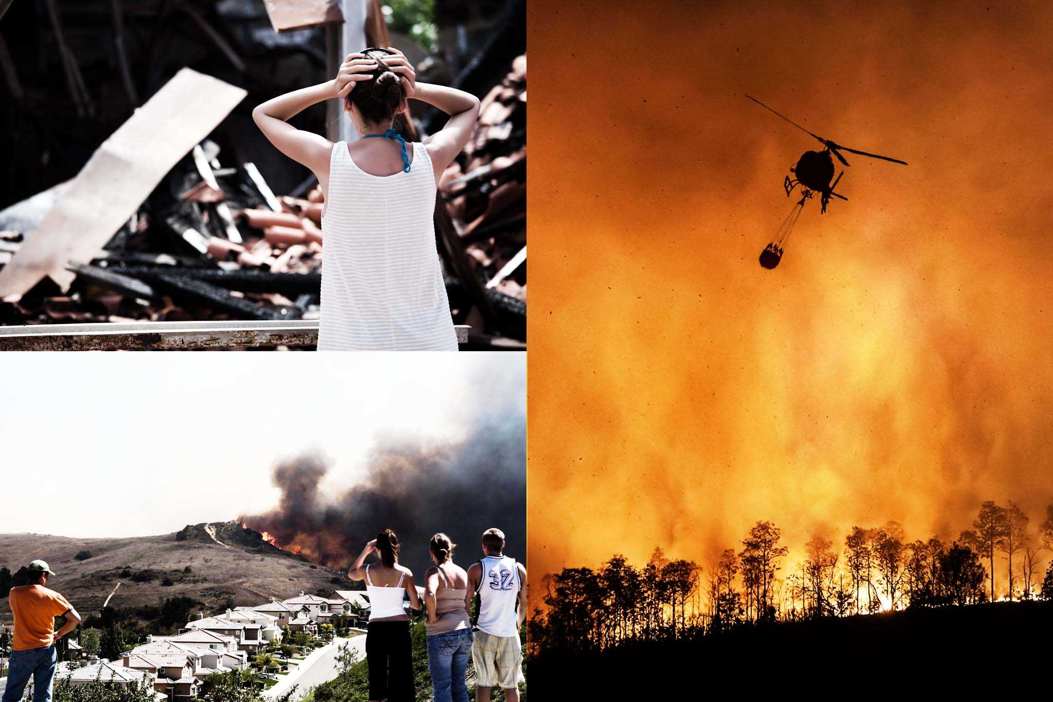 Collage de imágenes destructivas de incendios forestales de California