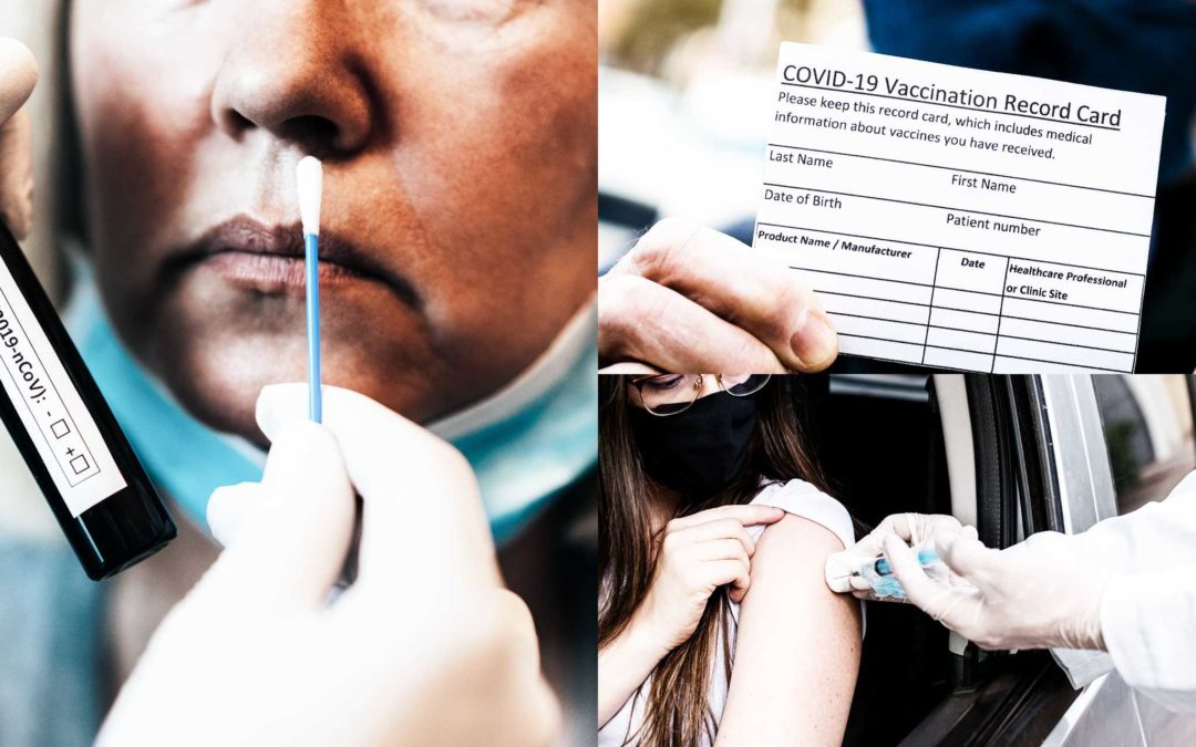 Woman getting COVID-19 nasal swab test & image of COVID-19 Vaccination Record Card