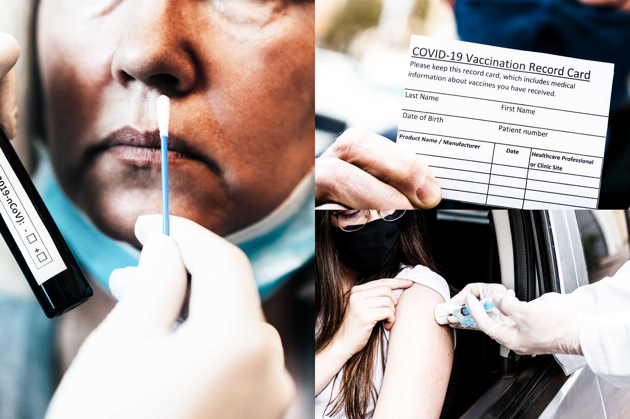 Mujer haciéndose la prueba de hisopo nasal COVID-19 e imagen de la tarjeta de registro de vacunación COVID-19
