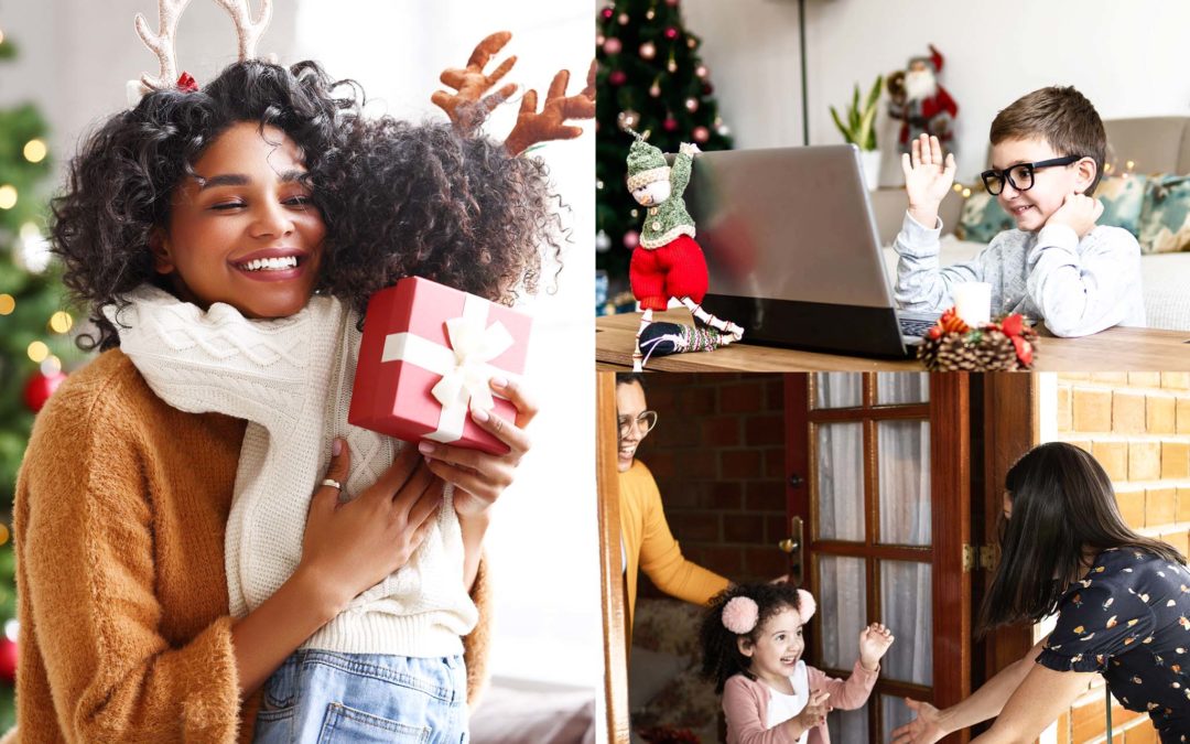 Collage of children greeting family members during the holidays