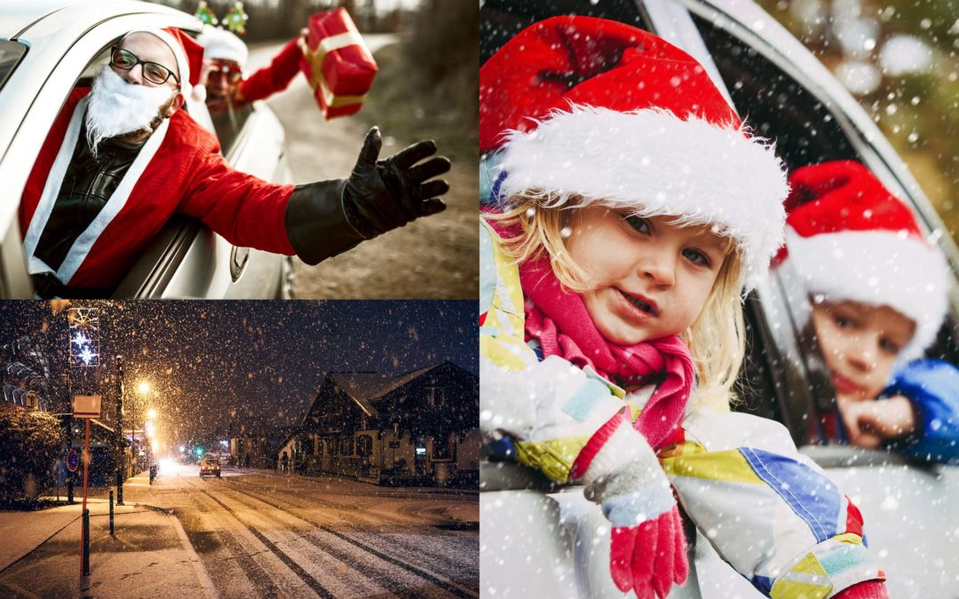 Collage of vehicles driving on roads during winter holidays