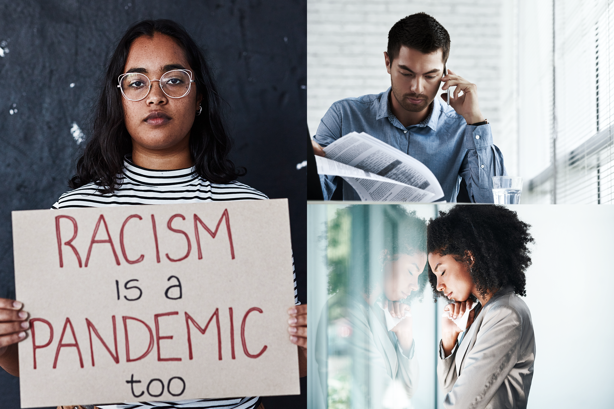 Collage of workers dealing with workplace racism