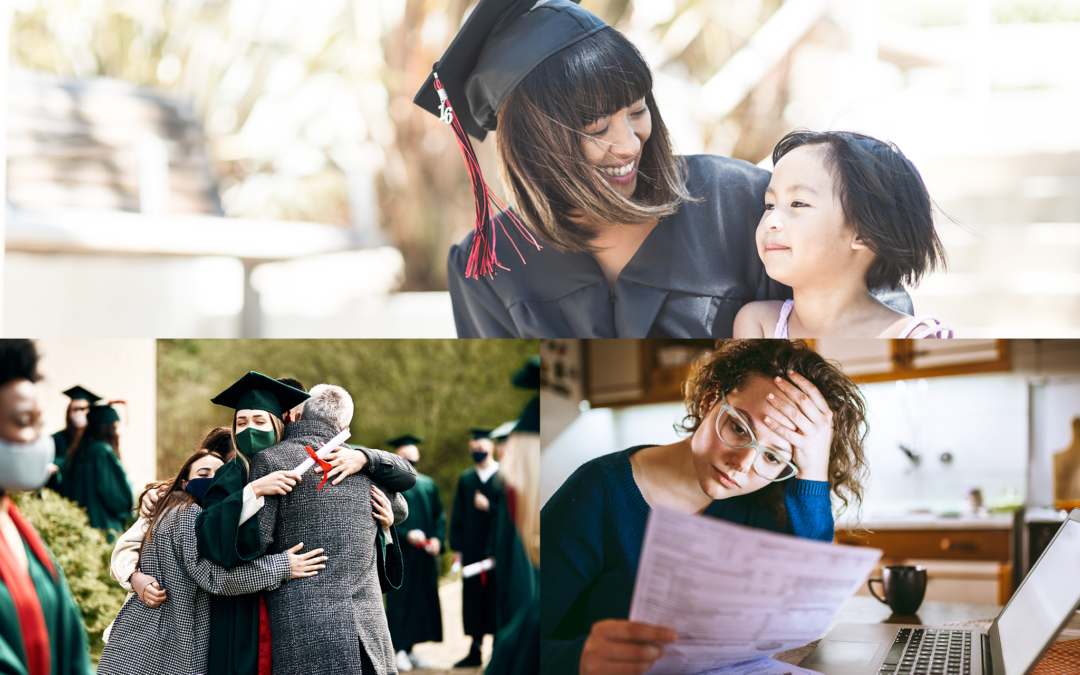 Collage of women graduating college and upset about student loan debt