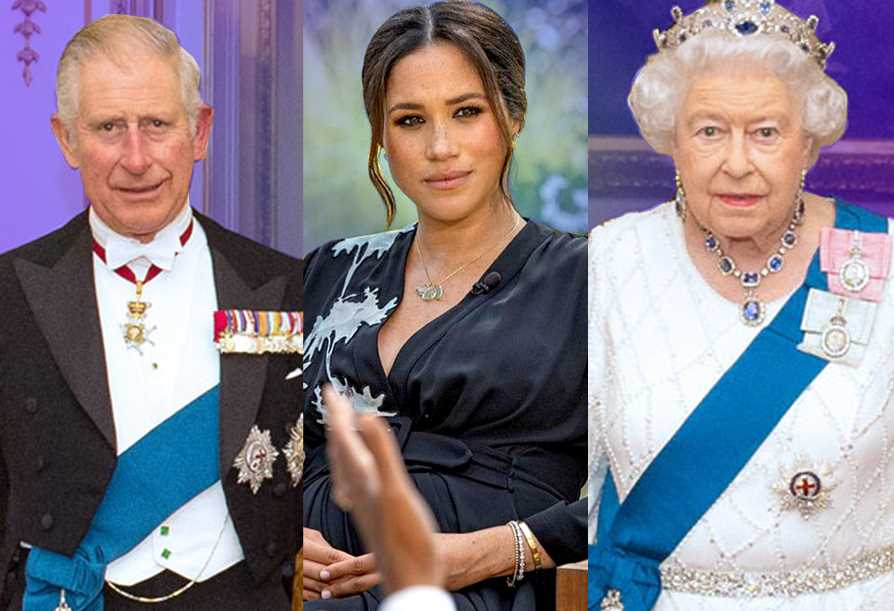 Collage showing images of Britain's Price Charles, Queen Elizabeth and a pregnant Megan Markle