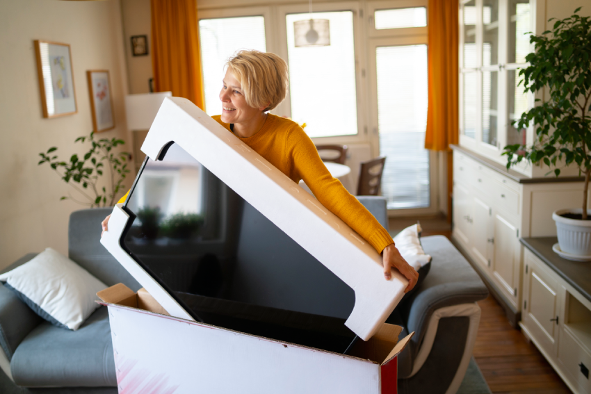 Mujer desempaquetando un televisor de pantalla plana