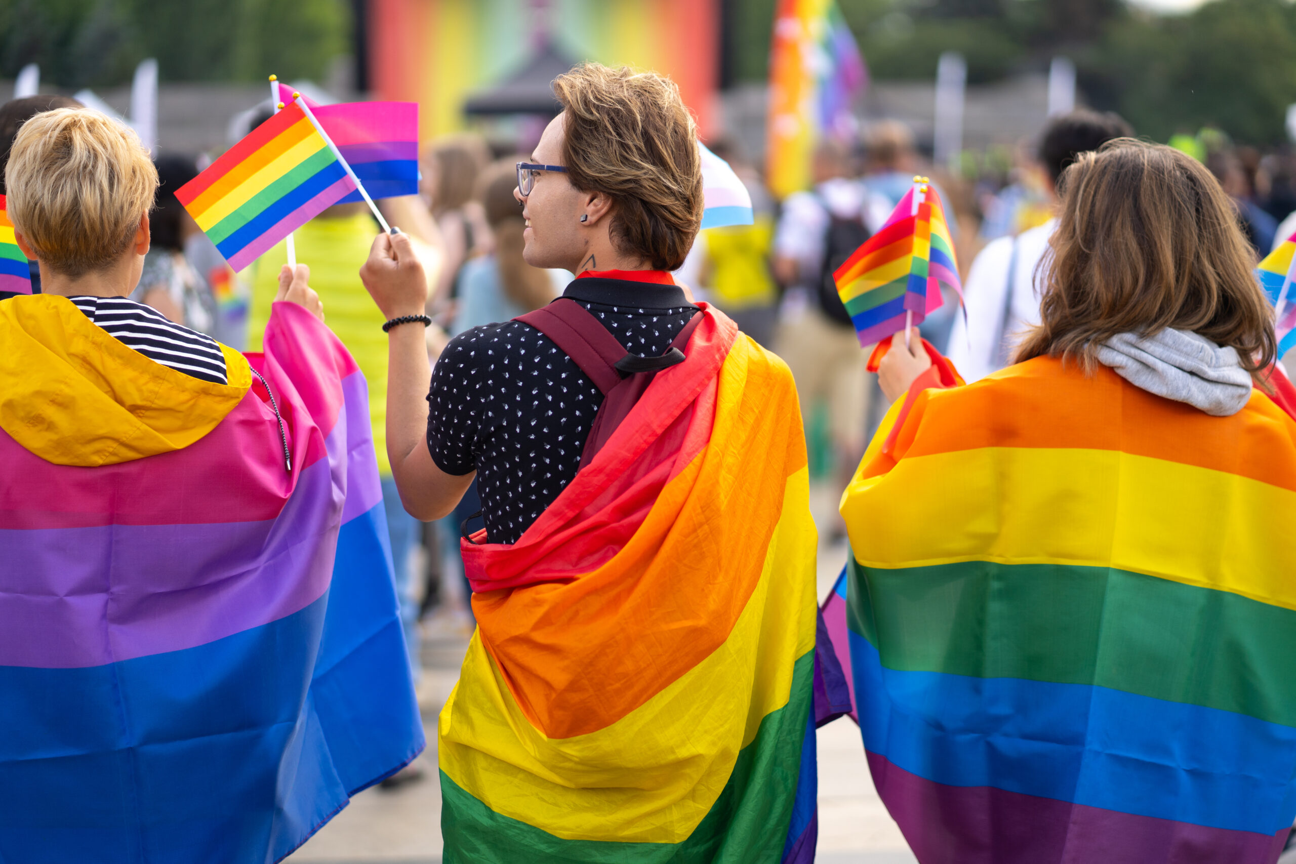 people wearing rainbow flags in street
