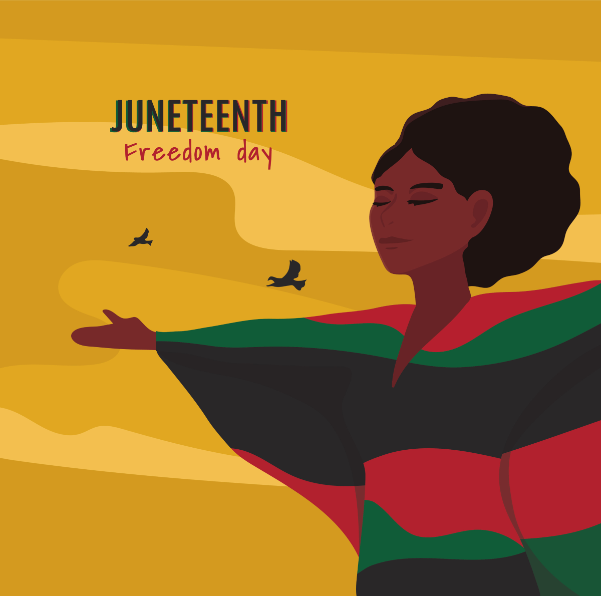 Juneteenth Freedom Day: mujer con un vestido de colores brillantes sosteniendo sus manos mientras 2 pájaros pasan volando