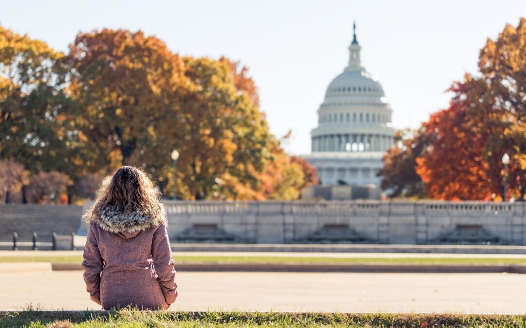 Woman in Washington DC sitting and looking at the U.S. Capitol