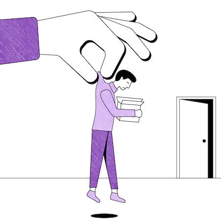 An image of a large hand throwing a man out of a room.