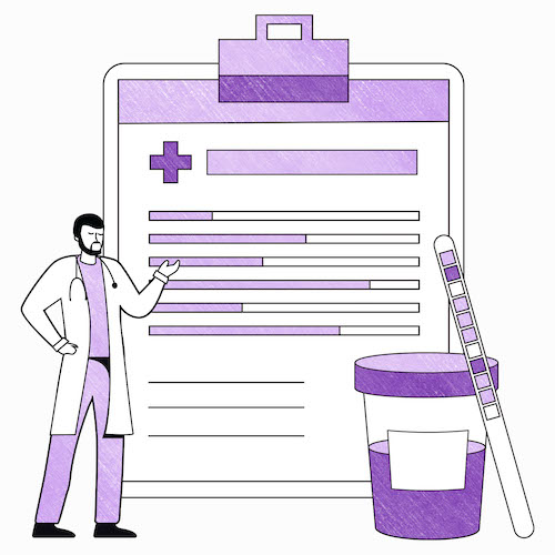Una imagen de un médico que señala un portapapeles, rodeado de equipos de prueba de drogas.