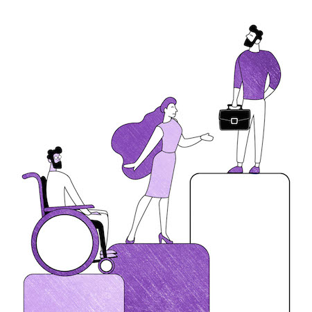 Imagen de un discapacitado, una mujer y un hombre de pie sobre plataformas de distinto tamaño.