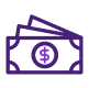 a purple icon of three dollars fanned out
