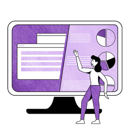 Una imagen de una mujer señalando datos en la pantalla de una computadora.