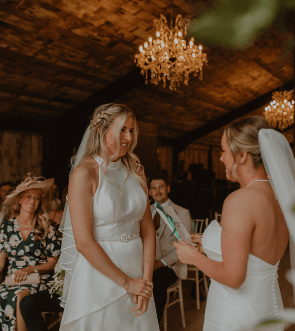 2 brides during their gay wedding reciting vows to each other.