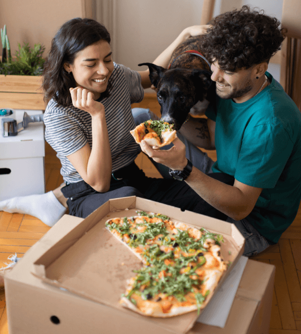 Renters feeding their dog pizza as they work to unpack.